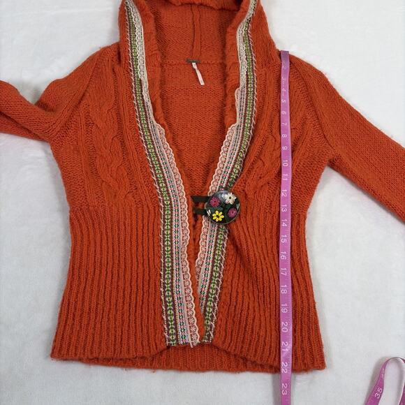 Free People Womens Wool Blend Ribbon Detail Hooded Cardigan Medium Orange Chrty - Picture 11 of 12